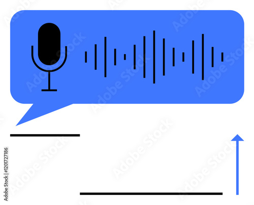 Microphone icon in blue speech bubble with sound wave graphics indicates voice input. Ideal for AI, speech technology, communication, audio input, transcription, podcasts, virtual assistants