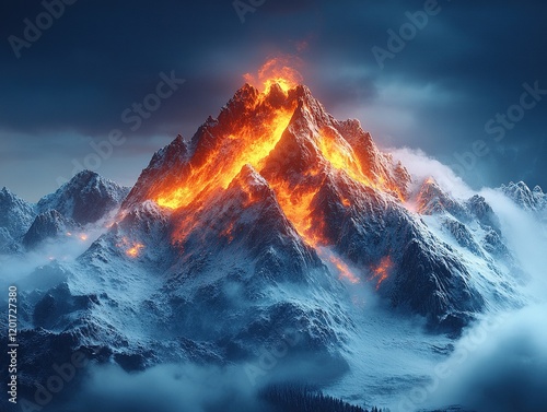 Fiery volcanic peak shrouded in snow, dramatic cloudscape.