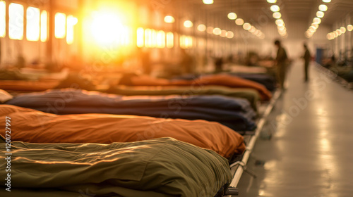 Emergency shelter setup with beds during training at sunset photo