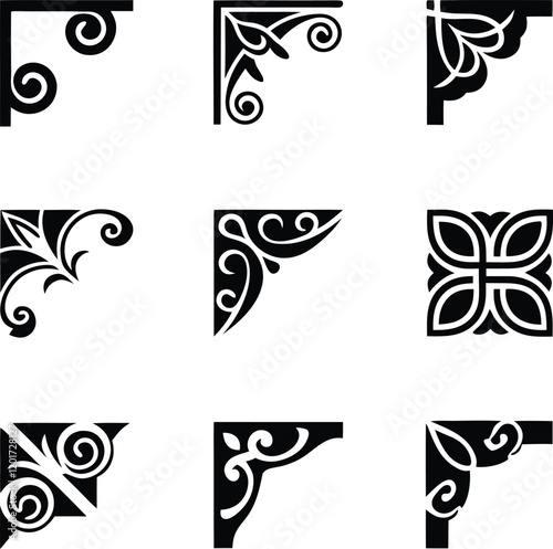 Nine Elegant Black and White Corner Design Elements