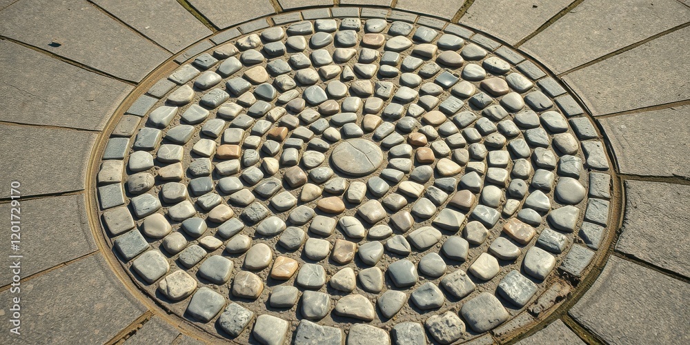 A circular stone mosaic pattern embedded in a gray concrete walkway, showcasing a concentric design with varying sized stones in a radiating pattern. A circular stone mosaic pattern embedded in a gray concrete walkway, showcasing a concentric design with varying sized stones in a radiating pattern.