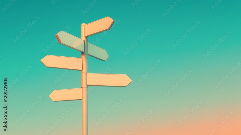 Modern Multi-Arrow Signpost with Blank White Signs Against Vibrant Blue Sky Modern Multi-Arrow Signpost with Blank White Signs Against Vibrant Blue Sky