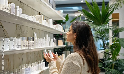 Woman exploring skincare products in a modern shop setting