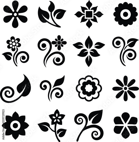 Floral Design Elements Black and White Flower Icons and Swirls