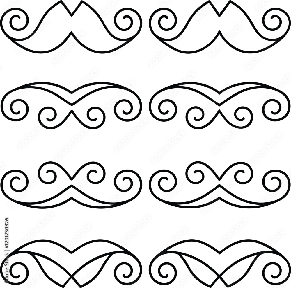 Fototapeta premium Swirling Mustache Designs Decorative, Ornamental, Vintage, Line Art, Clipart