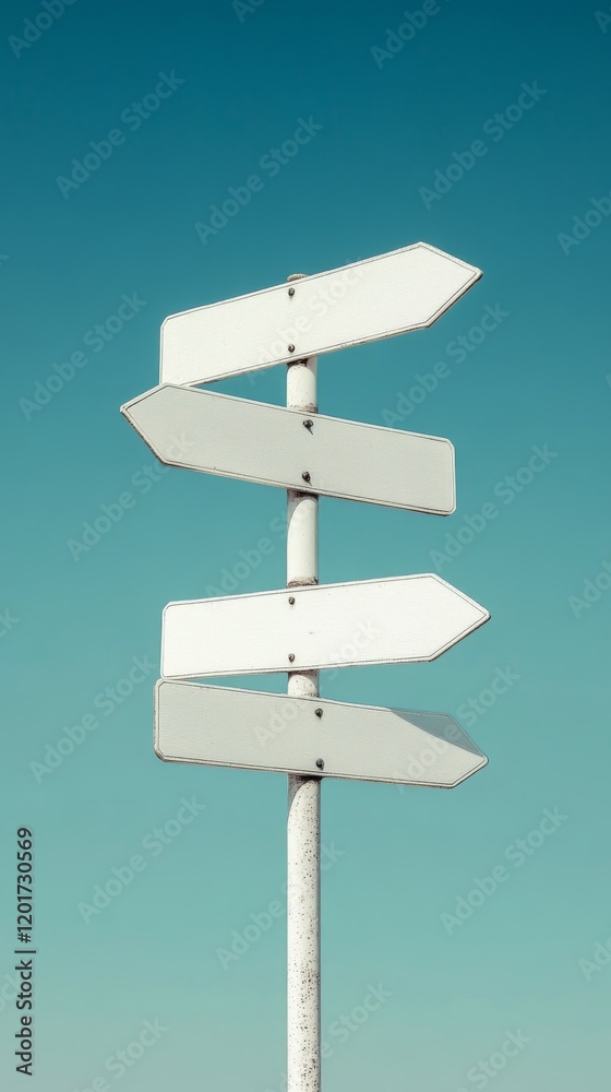 Minimalist White Signpost Against Clear Sky - Pointing in Multiple Directions Minimalist White Signpost Against Clear Sky - Pointing in Multiple Directions