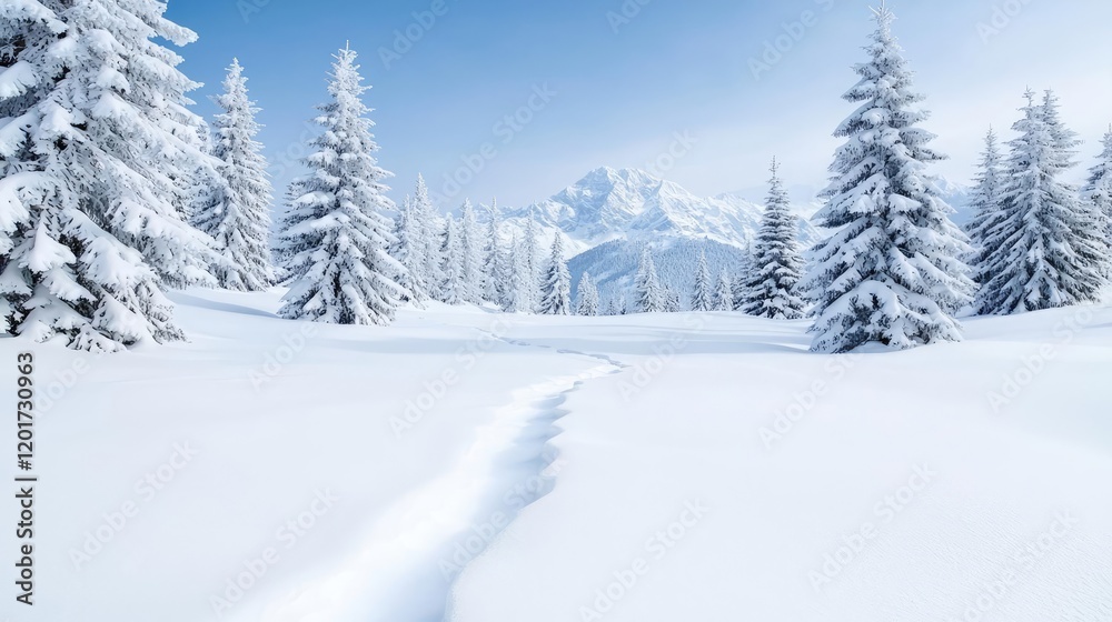 Snowy mountain path, winter landscape, pristine snow, serene nature scene, ideal for travel brochures Snowy mountain path, winter landscape, pristine snow, serene nature scene, ideal for travel brochures