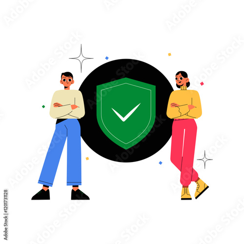 Male And Female Characters Standing Beside A Shield In Flat Vector Illustration Symbolizing Teamwork, Trust, And Cybersecurity, Isolated On White Background