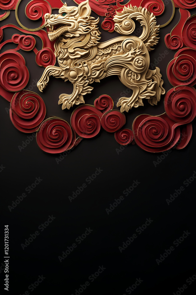 Fototapeta premium Signe du zodiaque, astrologie, dragon Nouvel An chinois, rouge et or motifs traditionnels, fond rouge espace négatif copyspace