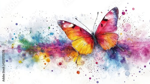 Vibrant Watercolor Butterfly in Flight with Colorful Splashes