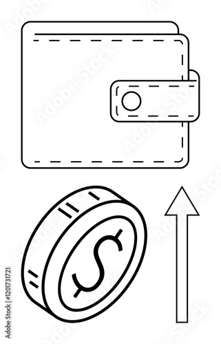 Wallet with clasp, coin featuring dollar sign, and upward arrow. Ideal for financial concepts, growth, saving money, investments, income increase, profitability or abstract line flat metaphor
