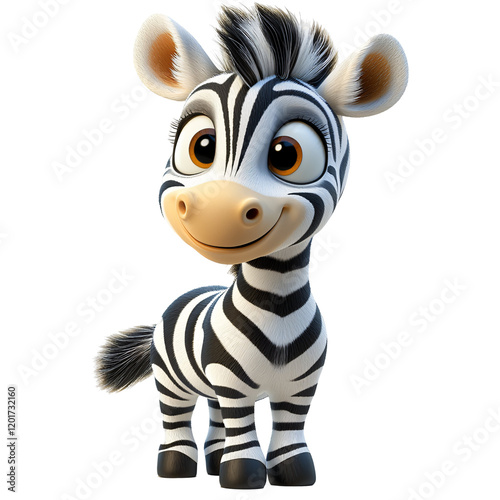 A cheerful, cartoon-style zebra with big eyes and a friendly smile.