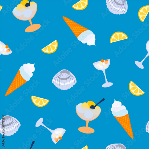 Bright summer seamless pattern, drink, cocktails, lemonade, ice cream. Cocktail party, celebration, vector illustration