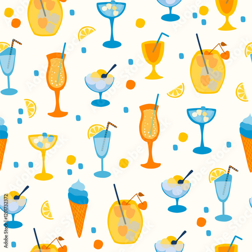 Bright summer seamless pattern, drink, cocktails, lemonade, ice cream. Cocktail party, celebration, vector illustration