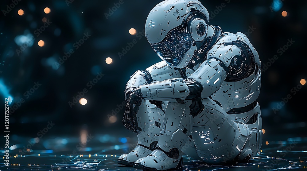 A Solitary Advanced Robot Sits In Contemplation A Solitary Advanced Robot Sits In Contemplation