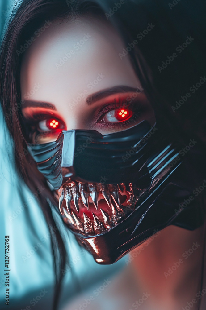Woman's Fiendish Cybernetic Mask Adorns Her Pale Skin Woman's Fiendish Cybernetic Mask Adorns Her Pale Skin