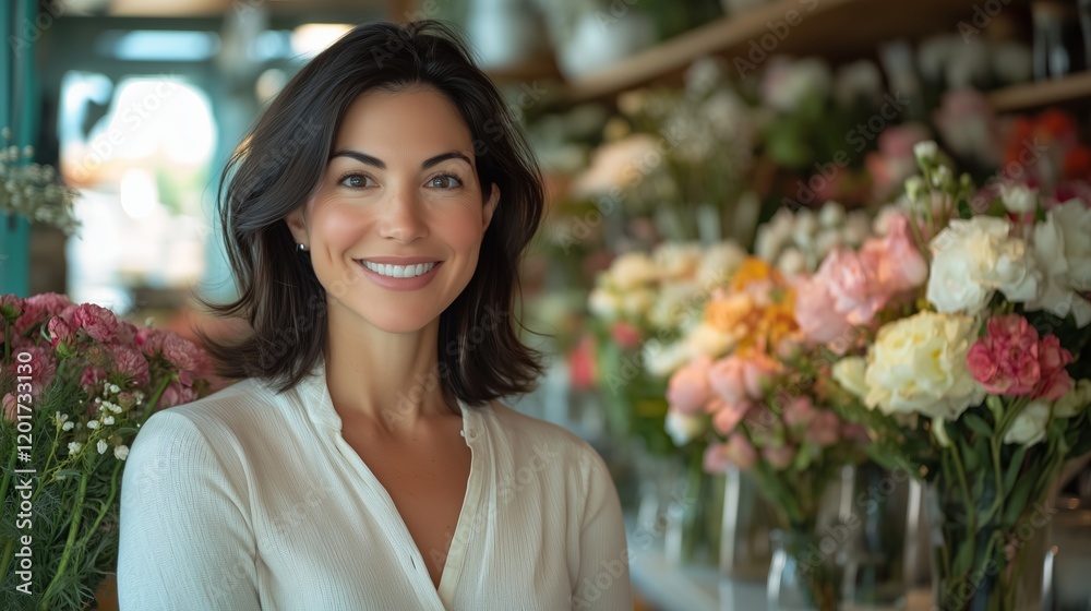 woman in her mid-30s, smiling and standing behind the counter of a flower shop with fresh flowers on display woman in her mid-30s, smiling and standing behind the counter of a flower shop with fresh flowers on display