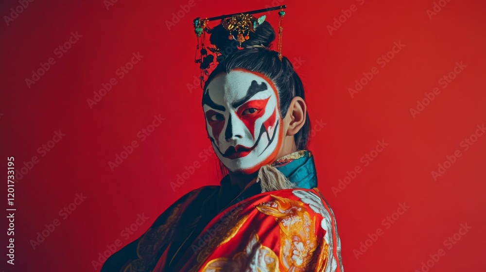 A stunning portrayal of traditional Asian art with striking makeup and colorful attire. The vibrant red background enhances the dramatic effect. Generative AI A stunning portrayal of traditional Asian art with striking makeup and colorful attire. The vibrant red background enhances the dramatic effect. Generative AI