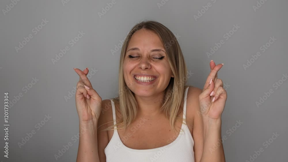 Young happy caucasian smiling blonde woman crossing her fingers for good luck waiting for the results of the lottery or exams on a grey background Young happy caucasian smiling blonde woman crossing her fingers for good luck waiting for the results of the lottery or exams on a grey background