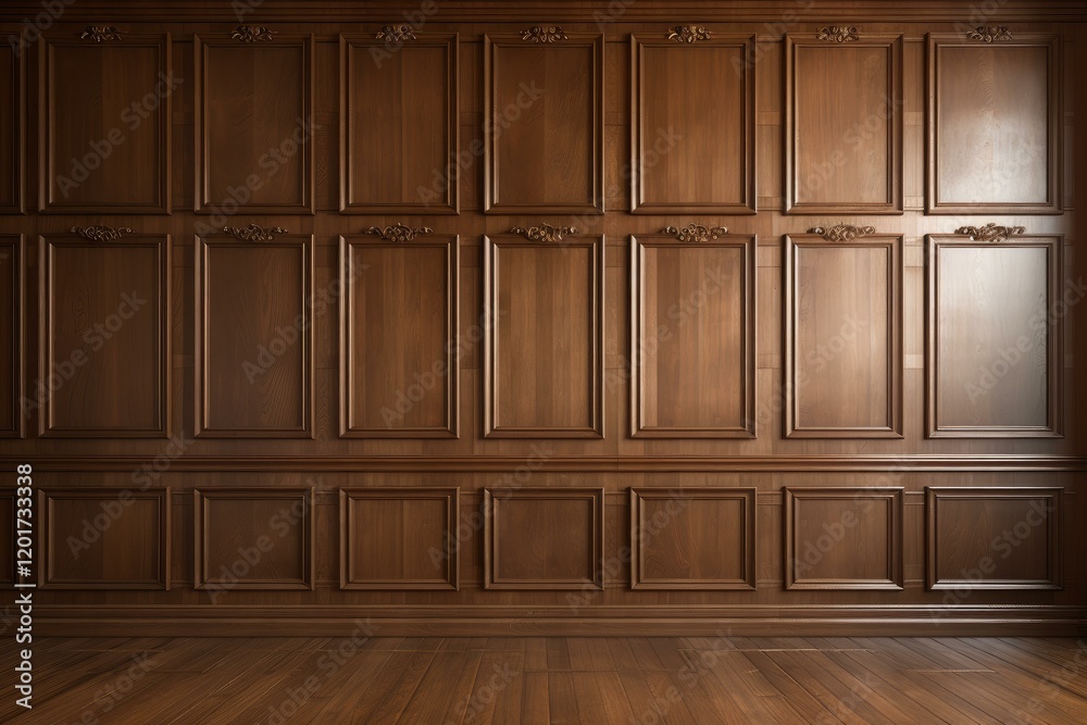 Empty room featuring classic wooden wall panels and parquet flooring, creating an elegant and luxurious atmosphere