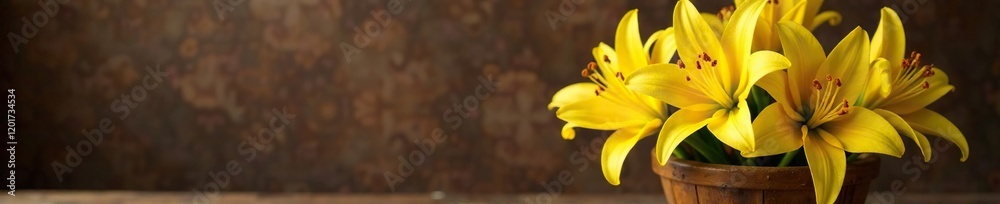 Obraz premium Yellow Asiatic lily blooms arranged in a wooden basket against a rustic brown background, asiatic, brown, arrangement