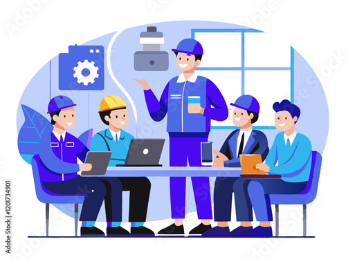 Vector of technicians and engineers meeting to discuss machine improvement and maintenance planing in conference room. Industrial workers concept