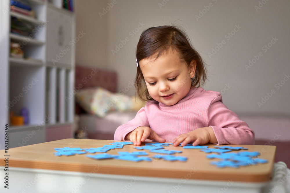 Cute little child girl doing puzzle on wooden table, baby learns to solve problems Cute little child girl doing puzzle on wooden table, baby learns to solve problems