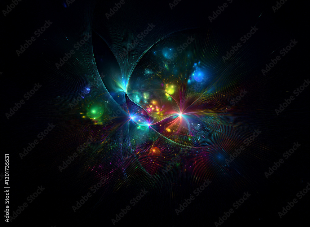 Fototapeta premium Abstract background image featuring vibrant bokeh lights, creating a colorful, cosmic effect. The dark background enhances the luminosity of the glowing elements.