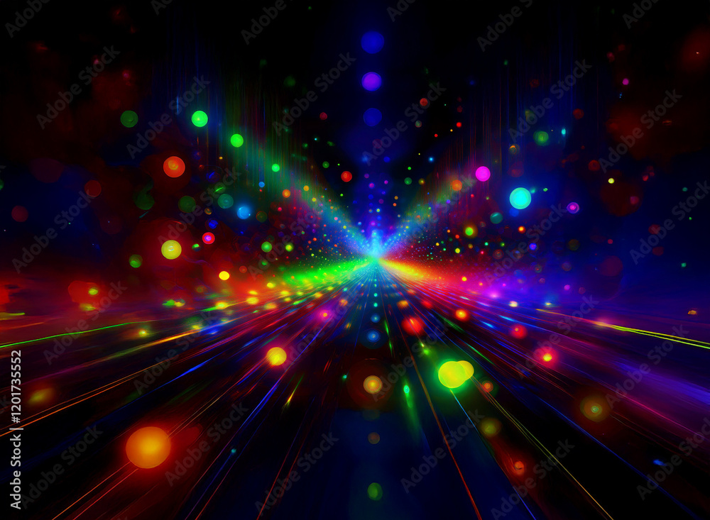 Fototapeta premium Abstract background of colorful bokeh lights, creating a vibrant, radiant tunnel effect. The dark backdrop enhances the luminosity of the glowing particles.