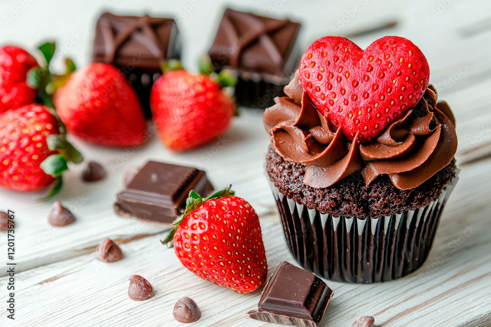 strawberry and chocolate cupcake on white wooden table. strawberry and chocolate cupcake on white wooden table.