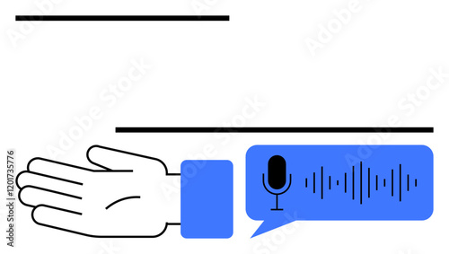 Outline of an open hand and extended arm, blue speech bubble with microphone icon and sound waves. Ideal for technology, communication, speech, multimedia, assistance, accessibility support. Line