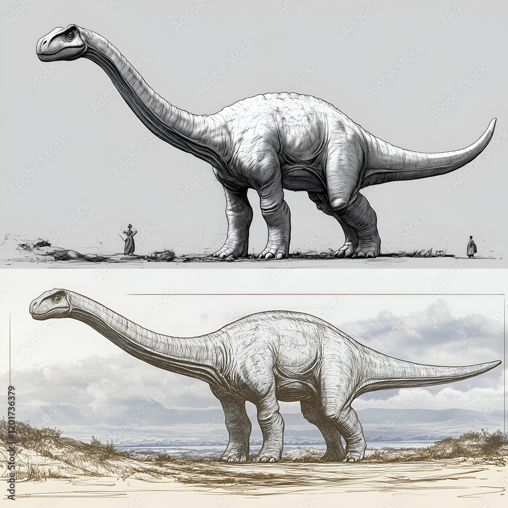 Fototapeta premium long-necked dinosaur, standing on the ground with its head raised slightly