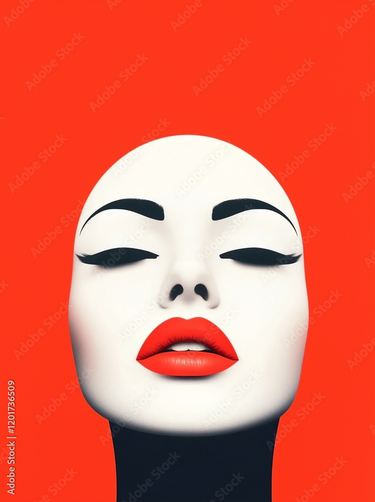 Minimalist White Face with Red Lips on Orange Background, Bold Artistic Expression, Modern and Elegant Visual Design Minimalist White Face with Red Lips on Orange Background, Bold Artistic Expression, Modern and Elegant Visual Design