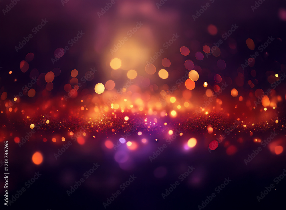 Fototapeta premium Abstract background image featuring a bokeh effect. Warm-toned lights in red, orange, and purple create a sparkling, glowing effect.
