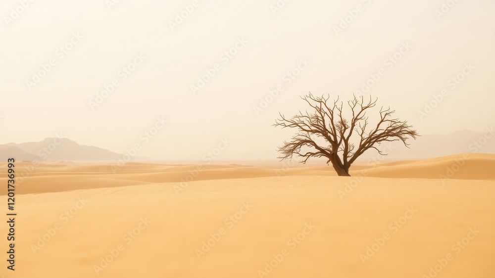 A solitary, skeletal tree stands tall amidst a vast, golden desert landscape, a testament to the enduring resilience of life in harsh environments. A solitary, skeletal tree stands tall amidst a vast, golden desert landscape, a testament to the enduring resilience of life in harsh environments.
