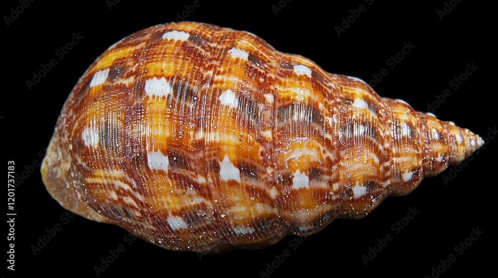 Fototapeta premium Intricate Seashell with Brown and Tan Hues and White Spots on Black Background