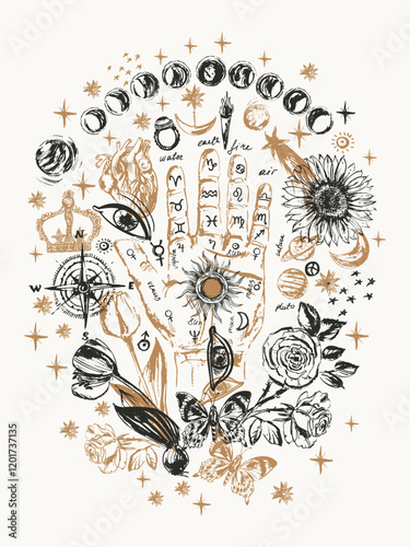 Hand drawn palm with astrological symbols, moon, sun, planets, stars, flowers. Chiromancy palm, palmistry background