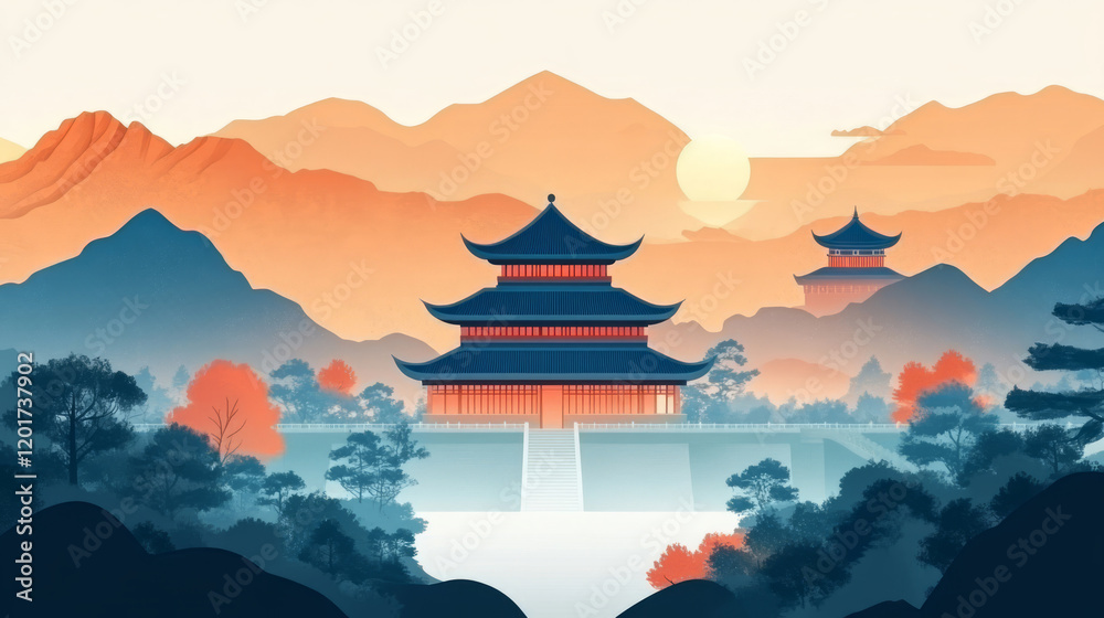 Obraz premium Chinese style traditional ancient building sunset dusk oriental artistic conception illustration