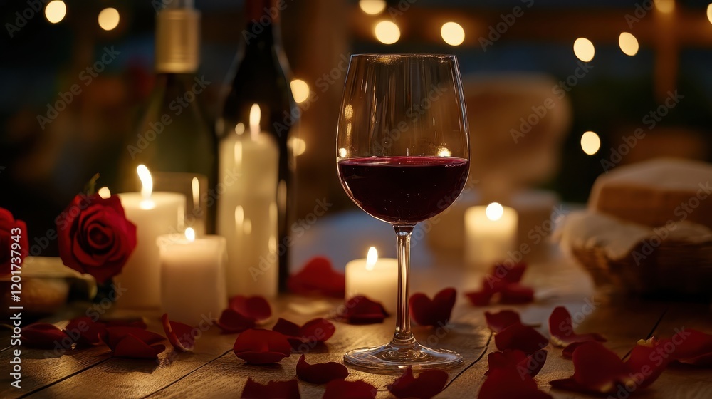 glass of red wine on table surrounded by candles and rose petals creates romantic atmosphere. soft glow of lights enhances intimate setting glass of red wine on table surrounded by candles and rose petals creates romantic atmosphere. soft glow of lights enhances intimate setting