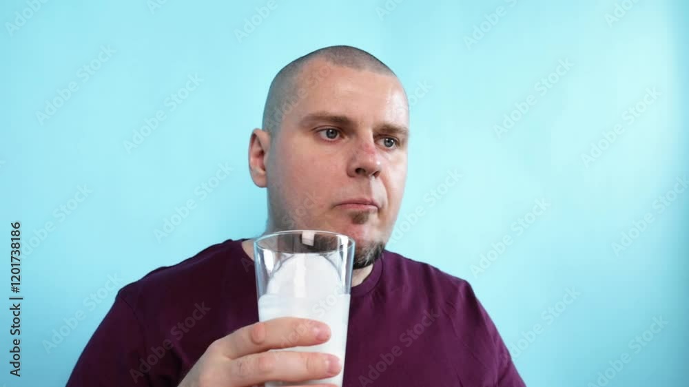 Man Drinking Milk from Glass on Blue Background, simple dairy drink for a healthy lifestyle