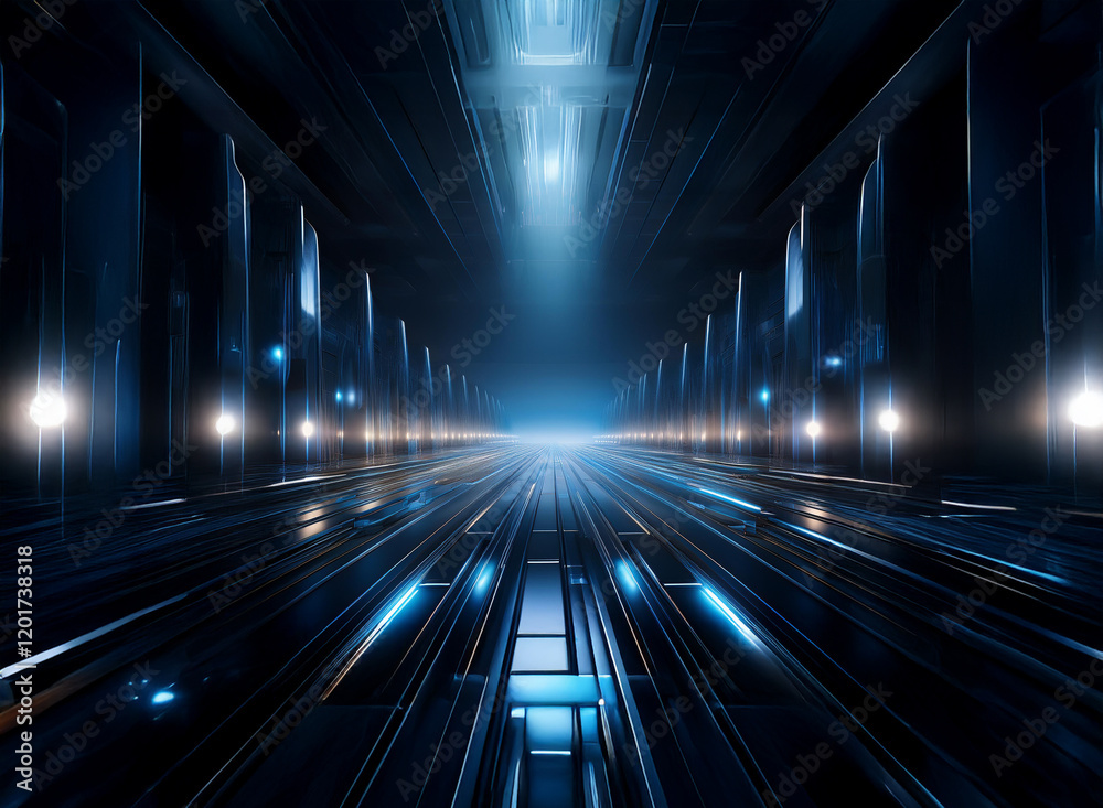 Abstract background image featuring a futuristic corridor with glowing blue lights and bokeh effects. The perspective creates a sense of depth and mystery. Abstract background image featuring a futuristic corridor with glowing blue lights and bokeh effects. The perspective creates a sense of depth and mystery.