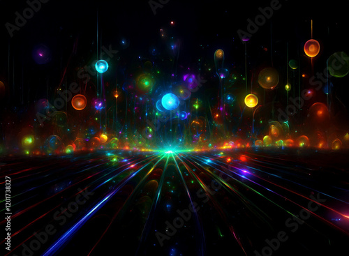 Abstract background image featuring a vibrant bokeh effect.  Multicolored lights and glowing orbs float above a radiant, striped surface.