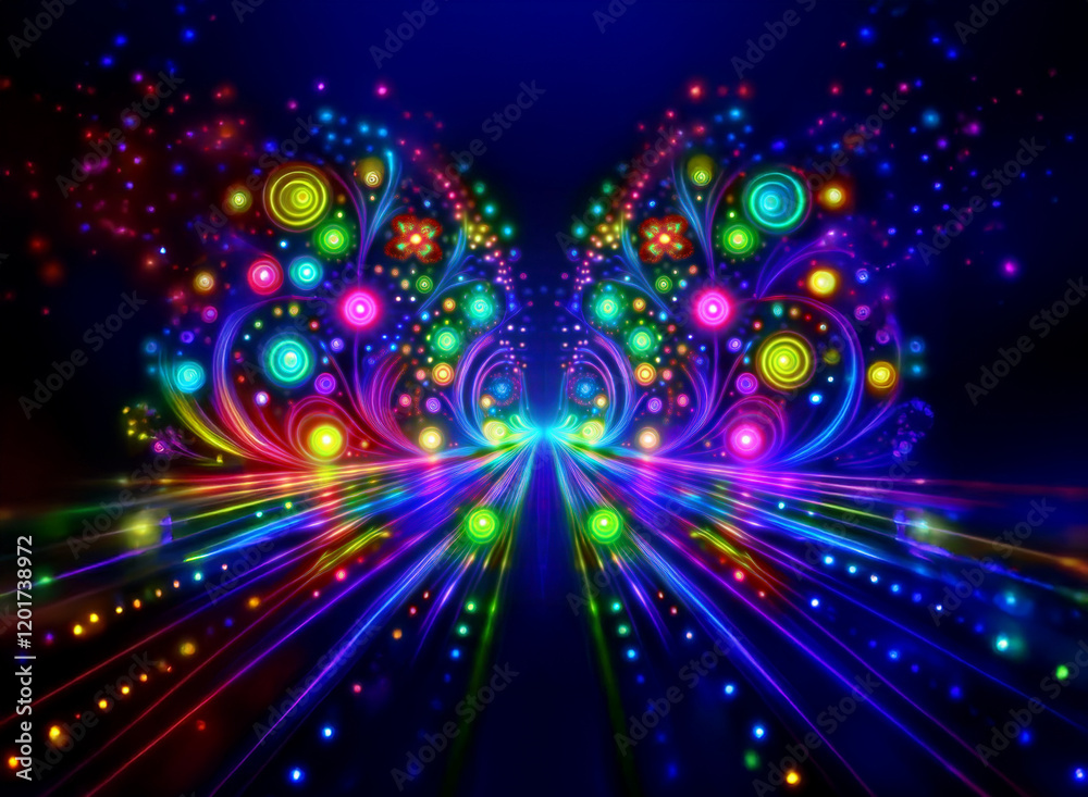 Abstract background image with vibrant bokeh lights forming a butterfly shape. A radiant, colorful path stretches from the center. Abstract background image with vibrant bokeh lights forming a butterfly shape. A radiant, colorful path stretches from the center.