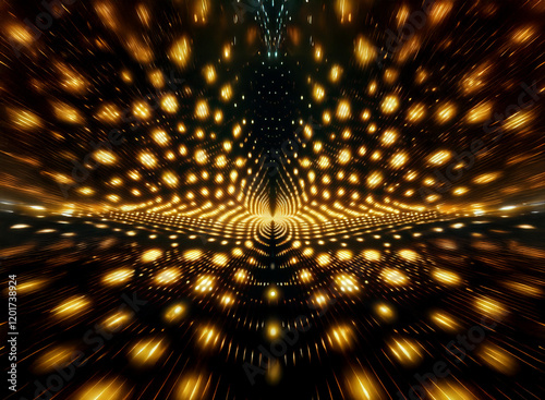 Abstract background image featuring a symmetrical pattern of bokeh lights.  Golden lights radiate outwards creating a dynamic, energetic, and visually striking effect. photo