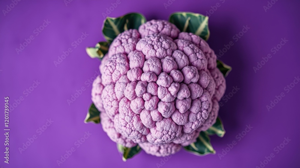 A single purple cauliflower head with green leaves against a purple background A single purple cauliflower head with green leaves against a purple background