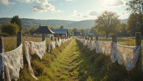 Wide shot of rural village with lace ribbons draped over fences, capturing organic connection between fabric and nature, bathed in warm late afternoon sunlight photo