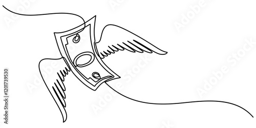 Continuous line design of flying winged money. Symbol of spending bills, loss of money, wastage. Decorative elements drawn on a white background, money paper flying with wings continuous one line draw