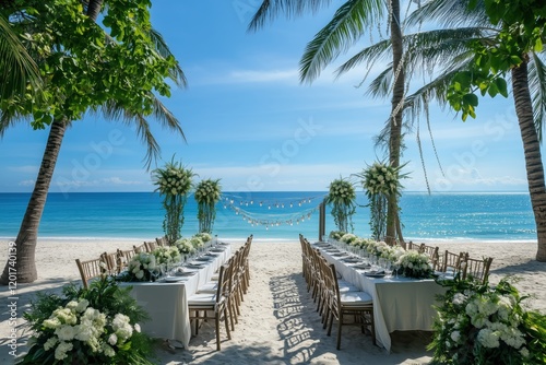 Exclusive outdoor dining with tropical beach scenery and sparkling sea
