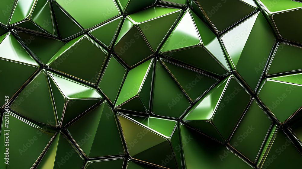 Abstract green geometric background, glossy triangular shapes, 3D render, modern design, luxurious texture, deep green color palette, polygonal pattern. Abstract green geometric background, glossy triangular shapes, 3D render, modern design, luxurious texture, deep green color palette, polygonal pattern.