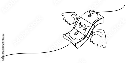 Continuous line design of flying winged money. Symbol of spending bills, loss of money, wastage. Decorative elements drawn on a white background, money paper flying with wings continuous one line draw